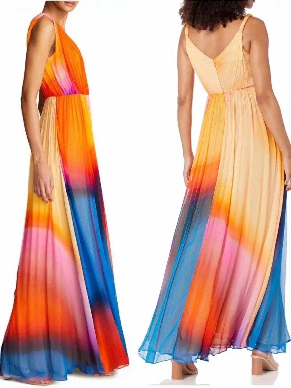 HALSTON Stacia Crinkle Chiffon A-Line Watercolor Ombre Chiffon Maxi Dress
